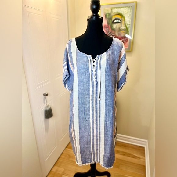 Caslon Striped Lace Up Shift  oversized Dress, lace up 3/4 front, short dolman - Picture 4 of 10